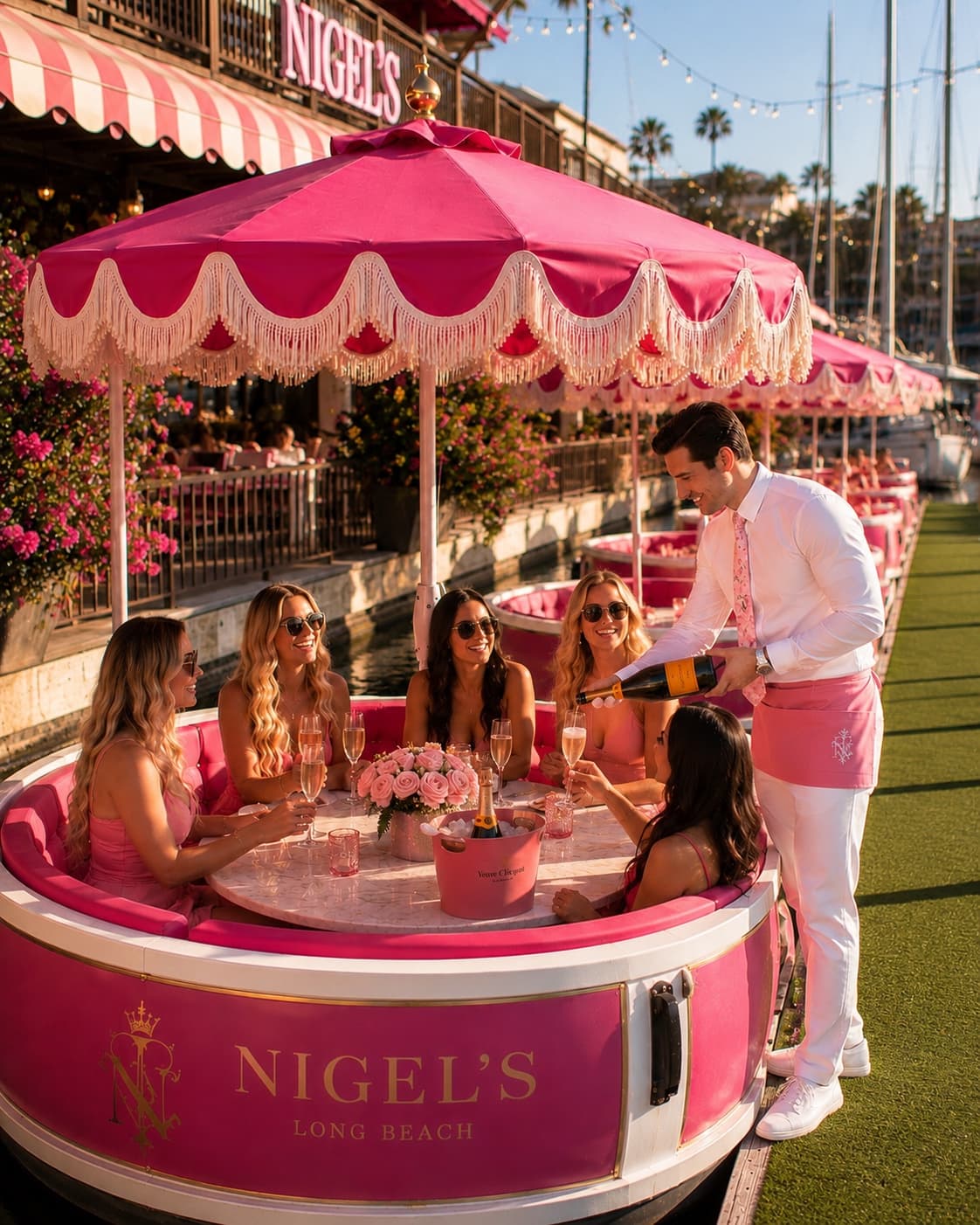 Guests enjoying champagne around a pink waterfront table beneath a fringed umbrella
